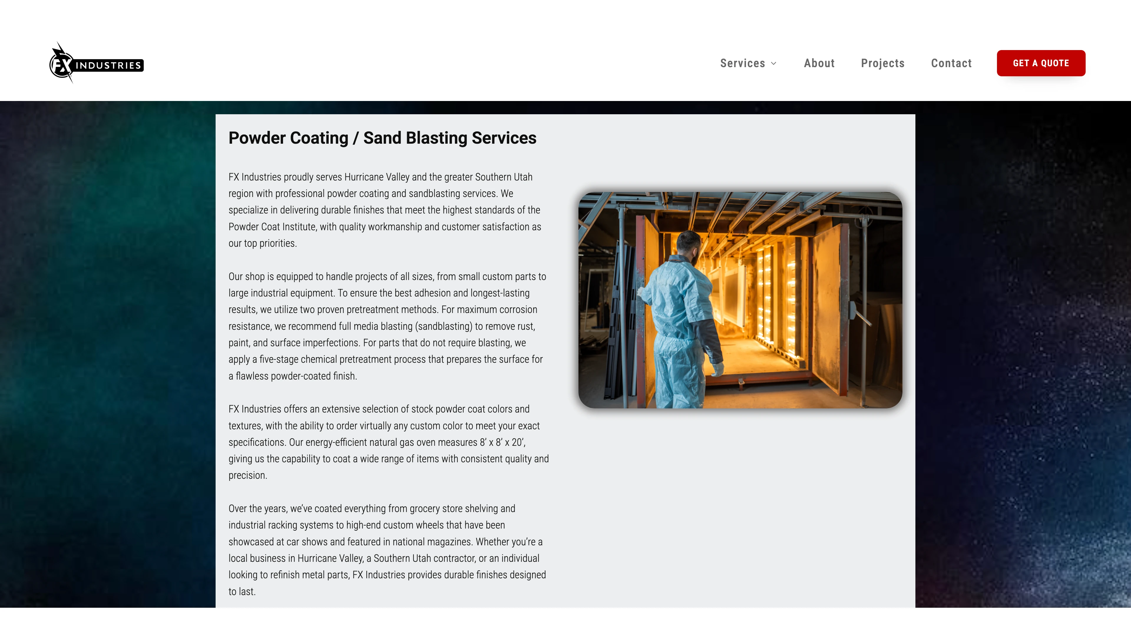 FX Industries Oxygen site content section with industrial oven image